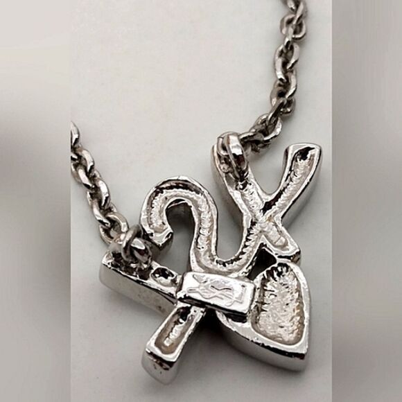 YSL Yves Saint Laurent Rhinestone Heart Silver Necklace Choker Jewelry Authentic - Picture 7 of 15
